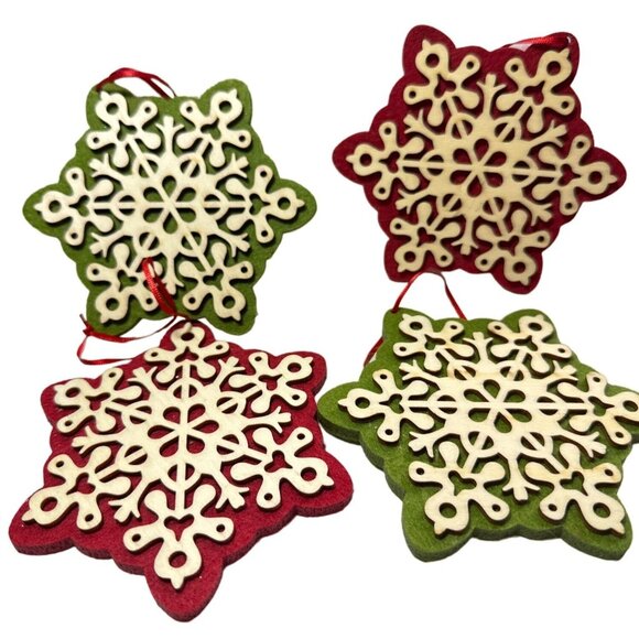 Festive Felt Foam Christmas Ornaments Set Of 6 Heart Snowflake Red Green Hanging - Picture 5 of 5